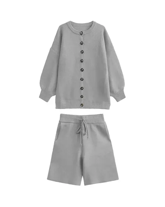 Loose Buttoned Long Sleeves Round-Neck Sweater Top + Drawstring Shorts Bottom Two Pieces Set