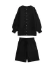 Loose Buttoned Long Sleeves Round-Neck Sweater Top + Drawstring Shorts Bottom Two Pieces Set