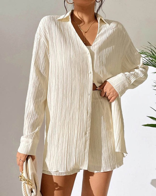 Loose Buttoned Long Sleeves Pleated Solid Color Lapel Shirts Top + Elasticity Shorts Bottom Two Pieces Set