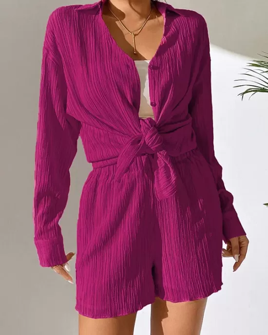 Loose Buttoned Long Sleeves Pleated Solid Color Lapel Shirts Top + Elasticity Shorts Bottom Two Pieces Set