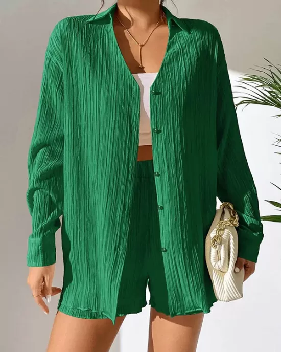 Loose Buttoned Long Sleeves Pleated Solid Color Lapel Shirts Top + Elasticity Shorts Bottom Two Pieces Set