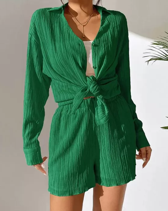 Loose Buttoned Long Sleeves Pleated Solid Color Lapel Shirts Top + Elasticity Shorts Bottom Two Pieces Set