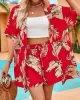 Leaves Print Loose Short Sleeves Buttoned Collarless T-Shirts Top + Drawstring Elasticity Shorts Bottom Two Pieces Set