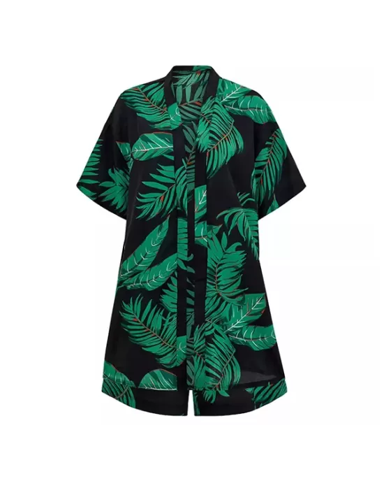 Leaves Print Loose Short Sleeves Buttoned Collarless T-Shirts Top + Drawstring Elasticity Shorts Bottom Two Pieces Set