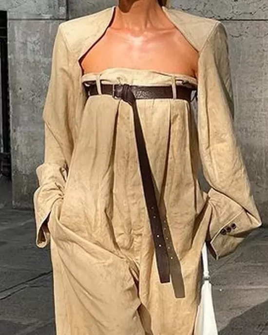 Buttoned Long Sleeves Collarless Outerwear Top + Wide Leg Belted Jumpsuits Two Pieces Set