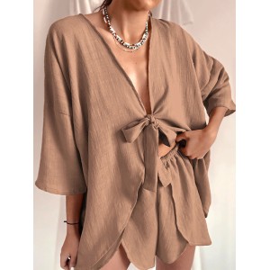 Solid Color Tied Half Sleeves V-Neck Shirts Top + High Waisted Elasticity Shorts Bottom Two Pieces Set