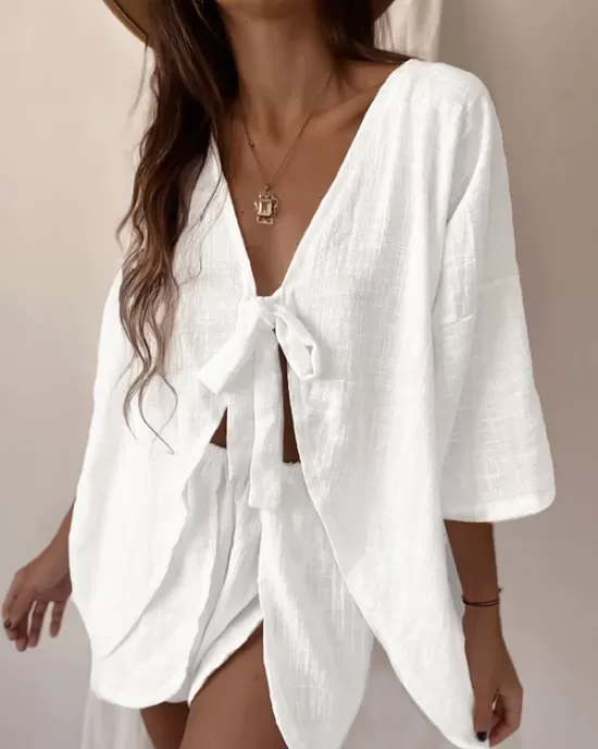 Solid Color Tied Half Sleeves V-Neck Shirts Top + High Waisted Elasticity Shorts Bottom Two Pieces Set