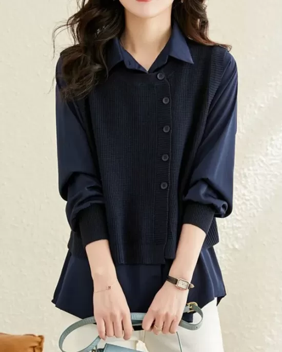 Long Sleeves Loose Solid Color Lapel  Inner Shirt + Pockets Buttoned Outer Knit Vest Two Pieces Set