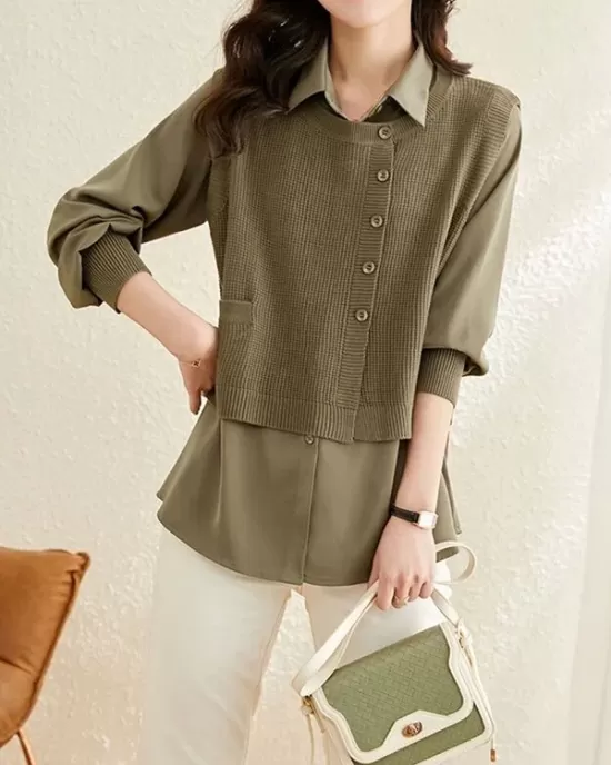 Long Sleeves Loose Solid Color Lapel  Inner Shirt + Pockets Buttoned Outer Knit Vest Two Pieces Set