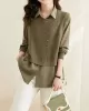 Long Sleeves Loose Solid Color Lapel  Inner Shirt + Pockets Buttoned Outer Knit Vest Two Pieces Set