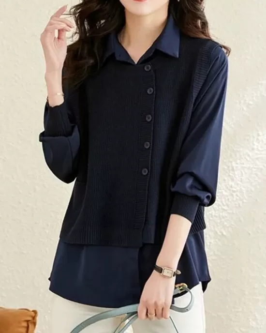 Long Sleeves Loose Solid Color Lapel  Inner Shirt + Pockets Buttoned Outer Knit Vest Two Pieces Set