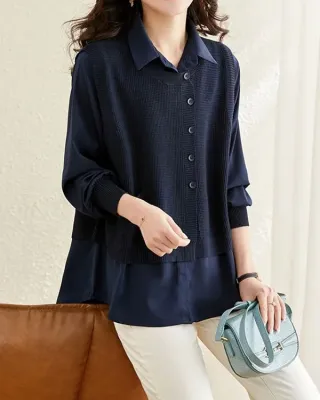 Long Sleeves Loose Solid Color Lapel  Inner Shirt + Pockets Buttoned Outer Knit Vest Two Pieces Set