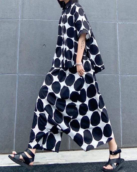 Round-Neck Batwing Sleeves Buttoned Polka-Dot Shirts Top + Elasticity Pockets Harem Pants Pants Bottom Two Pieces Set