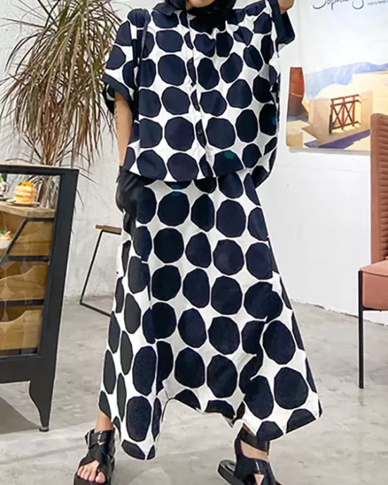 Round-Neck Batwing Sleeves Buttoned Polka-Dot Shirts Top + Elasticity Pockets Harem Pants Pants Bottom Two Pieces Set