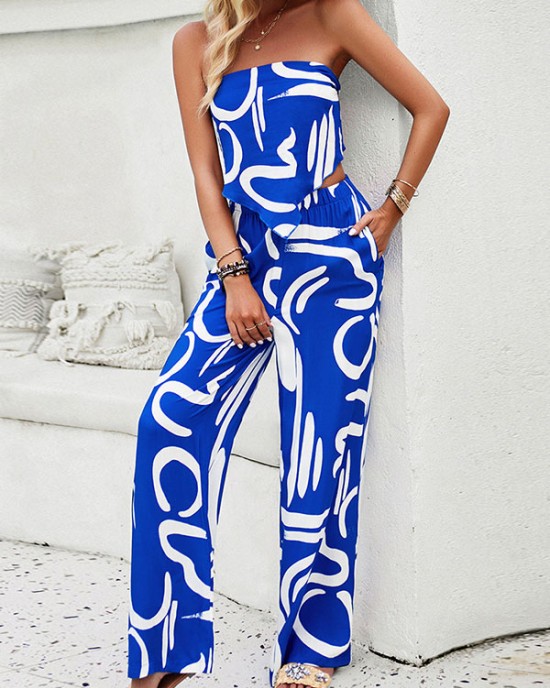 Printed Tied Sleeveless Tube Top + Wide Leg Elasticity Pockets Pants Bottom Two Pieces Set