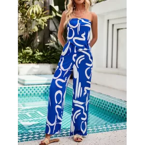 Printed Tied Sleeveless Tube Top + Wide Leg Elasticity Pockets Pants Bottom Two Pieces Set