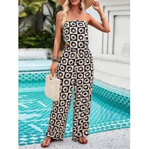 Flower Print Tied Sleeveless Tube Top + Wide Leg Elasticity Pockets Pants Bottom Two Pieces Set