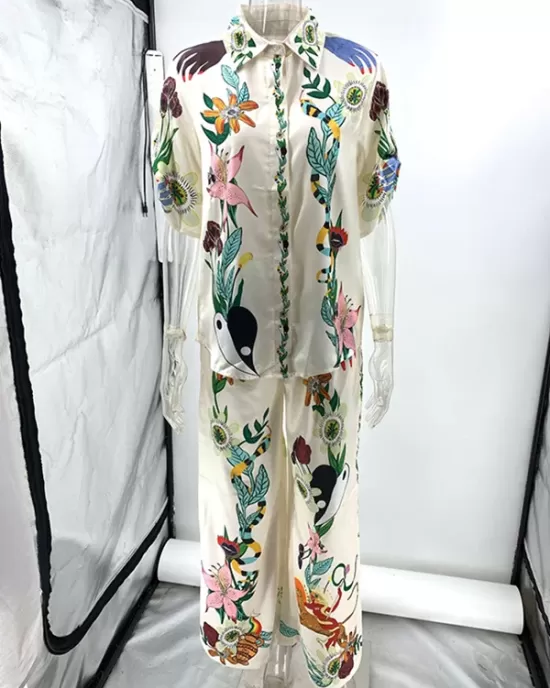 Loose Buttoned Half Sleeves Flower Print Pockets Lapel T-shirt Top + Drawstring Elasticity Pants Bottom Two Pieces Set