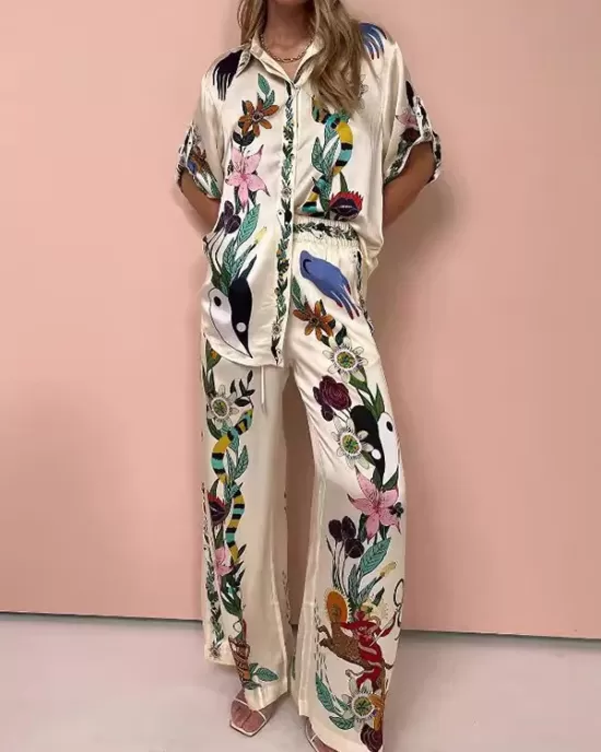 Loose Buttoned Half Sleeves Flower Print Pockets Lapel T-shirt Top + Drawstring Elasticity Pants Bottom Two Pieces Set