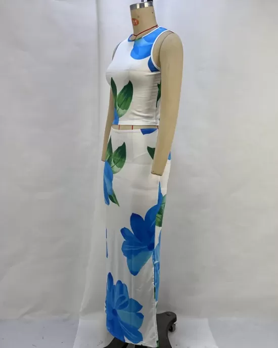 Round-Neck Sleeveless Flower Print Vest Top + Bodycon Skirts Bottom Two Pieces Set