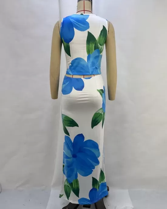 Round-Neck Sleeveless Flower Print Vest Top + Bodycon Skirts Bottom Two Pieces Set