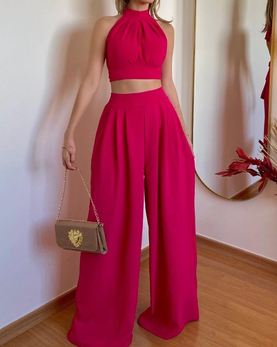 Solid Color Pleated Split-Joint Backless High Neck Vest + High Waisted Loose Pants Trousers Two Pieces Set