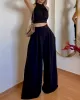 Solid Color Pleated Split-Joint Backless High Neck Vest + High Waisted Loose Pants Trousers Two Pieces Set