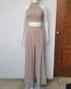 Solid Color Pleated Split-Joint Backless High Neck Vest + High Waisted Loose Pants Trousers Two Pieces Set