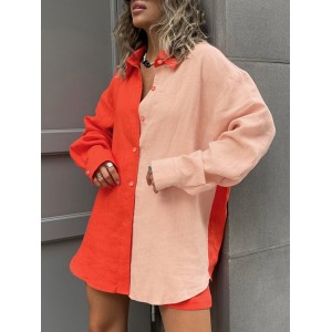 Loose Long Sleeves Contrast Color Split-Joint Lapel Blouse + Solid Color Shorts Two Pieces Set