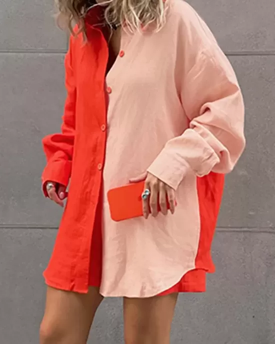 Loose Long Sleeves Contrast Color Split-Joint Lapel Blouse + Solid Color Shorts Two Pieces Set