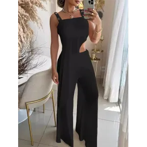 Asymmetric Loose Sleeveless Hollow Collarless  Vest Top + Wide Leg Pants Bottom Two Pieces Set