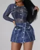 Round-Neck Bodycon Long Sleeves Mesh Printed See-Through Bodysuits + Skirts Bottom Two Pieces Set