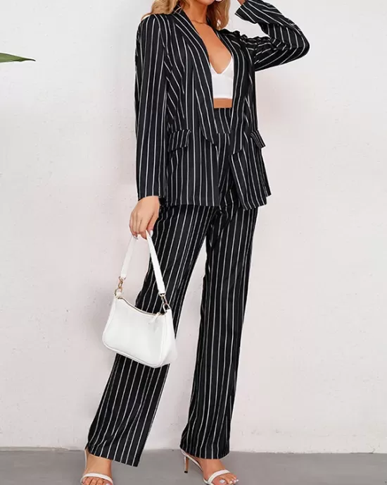 Loose Pockets Long Sleeves Striped Lapel Blazer Outerwear + Suits Bottom Two Pieces Set