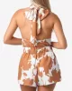 Halter-Neck Loose Backless Flower Print Tied Vest Top + Elasticity Pockets High Waisted Shorts Bottom Two Pieces Set