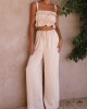 Elasticity Pleated Solid Color Spaghetti-Neck Tops + High Waisted Drawstring Pants Trousers Two Pieces Set