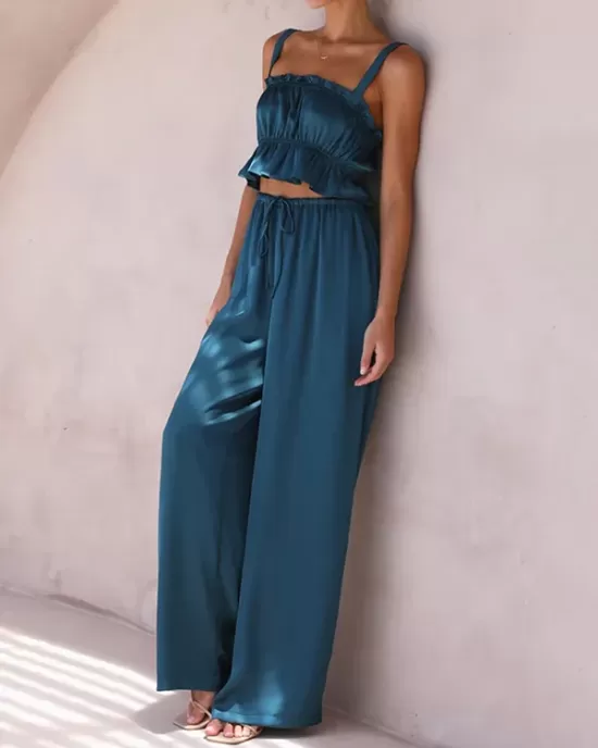 Elasticity Pleated Solid Color Spaghetti-Neck Tops + High Waisted Drawstring Pants Trousers Two Pieces Set