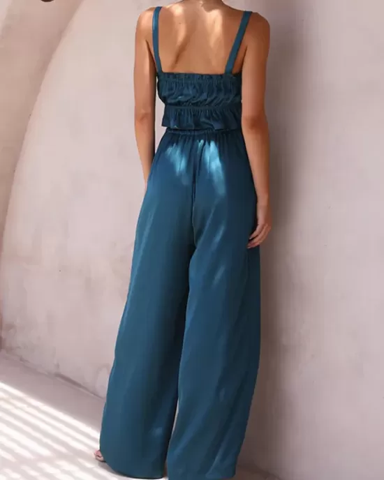 Elasticity Pleated Solid Color Spaghetti-Neck Tops + High Waisted Drawstring Pants Trousers Two Pieces Set