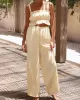 Elasticity Pleated Solid Color Spaghetti-Neck Tops + High Waisted Drawstring Pants Trousers Two Pieces Set