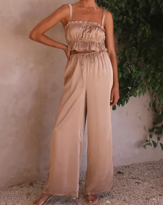 Elasticity Pleated Solid Color Spaghetti-Neck Tops + High Waisted Drawstring Pants Trousers Two Pieces Set