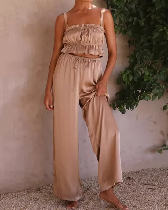 Elasticity Pleated Solid Color Spaghetti-Neck Tops + High Waisted Drawstring Pants Trousers Two Pieces Set