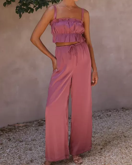 Elasticity Pleated Solid Color Spaghetti-Neck Tops + High Waisted Drawstring Pants Trousers Two Pieces Set