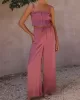 Elasticity Pleated Solid Color Spaghetti-Neck Tops + High Waisted Drawstring Pants Trousers Two Pieces Set