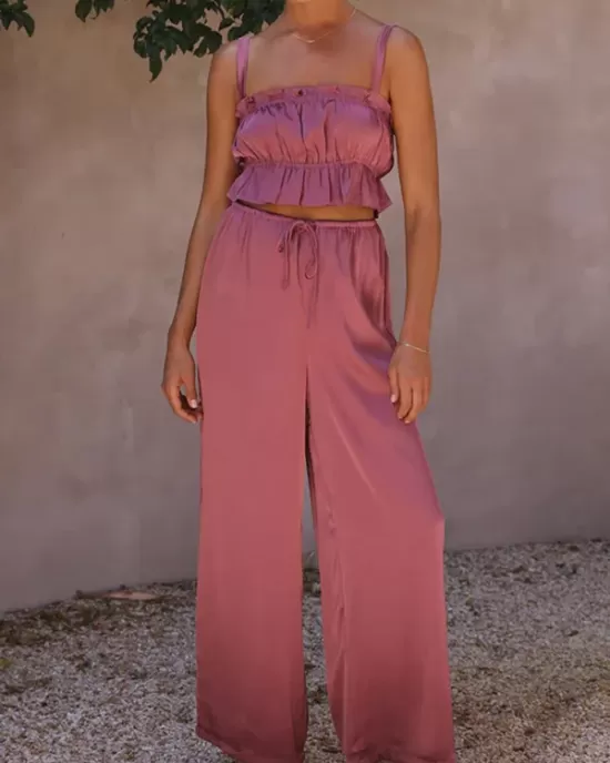 Elasticity Pleated Solid Color Spaghetti-Neck Tops + High Waisted Drawstring Pants Trousers Two Pieces Set