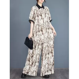 High-Low Buttoned Half Sleeves Pleated Printed Split-Side Lapel Blouses Top + Elasticity Pants Bottom Two Pieces Set