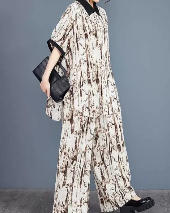 High-Low Buttoned Half Sleeves Pleated Printed Split-Side Lapel Blouses Top + Elasticity Pants Bottom Two Pieces Set