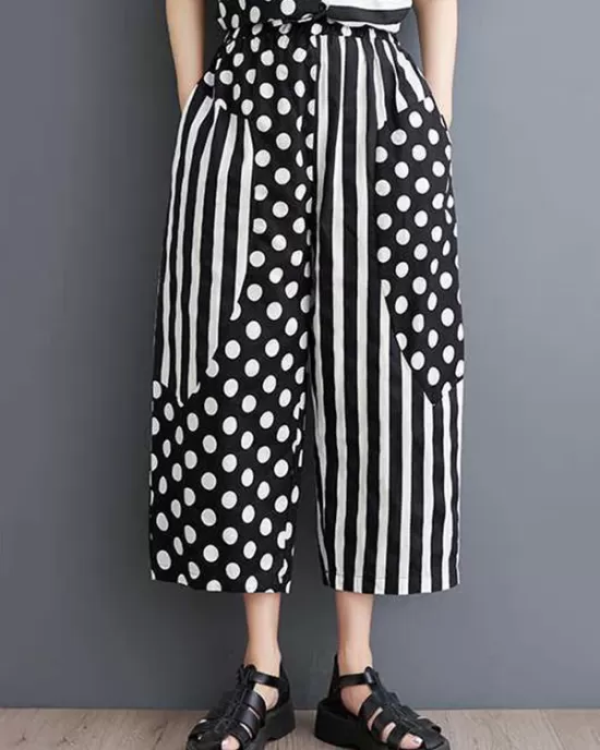 High-Low Asymmetric Half Sleeves Contrast Color Polka-Dot Split-Side Striped Lapel Blouses Top + Pants Bottom Two Pieces Set