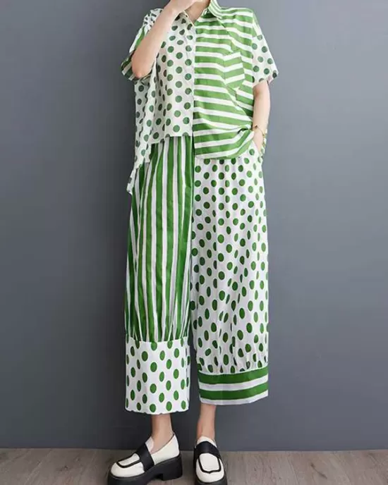 High-Low Asymmetric Half Sleeves Contrast Color Polka-Dot Split-Side Striped Lapel Blouses Top + Pants Bottom Two Pieces Set