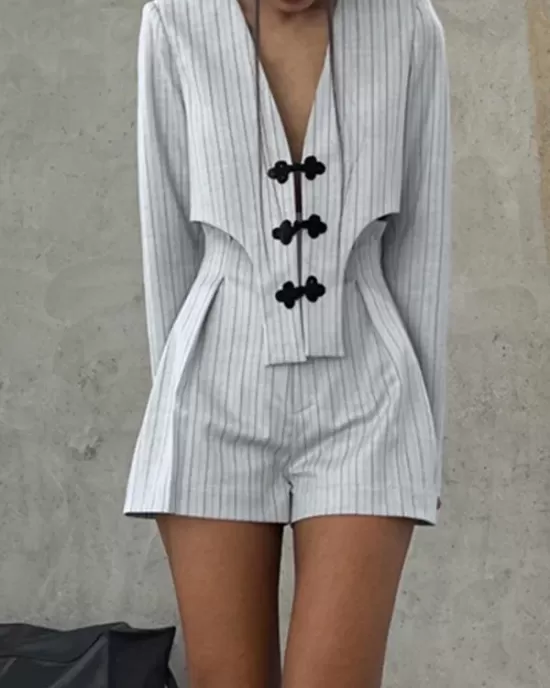 Long Sleeves Knot Split-Joint Striped Deep V-Neck Blouse + High Waisted Pleated Wide Leg Shorts Two Pieces Set