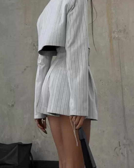 Long Sleeves Knot Split-Joint Striped Deep V-Neck Blouse + High Waisted Pleated Wide Leg Shorts Two Pieces Set