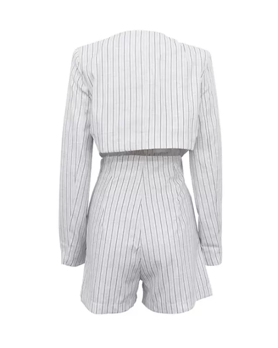 Long Sleeves Knot Split-Joint Striped Deep V-Neck Blouse + High Waisted Pleated Wide Leg Shorts Two Pieces Set